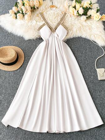 DreamSkyne Robe midi femme grande taille couleur unie avec découpe et ruban à la taille