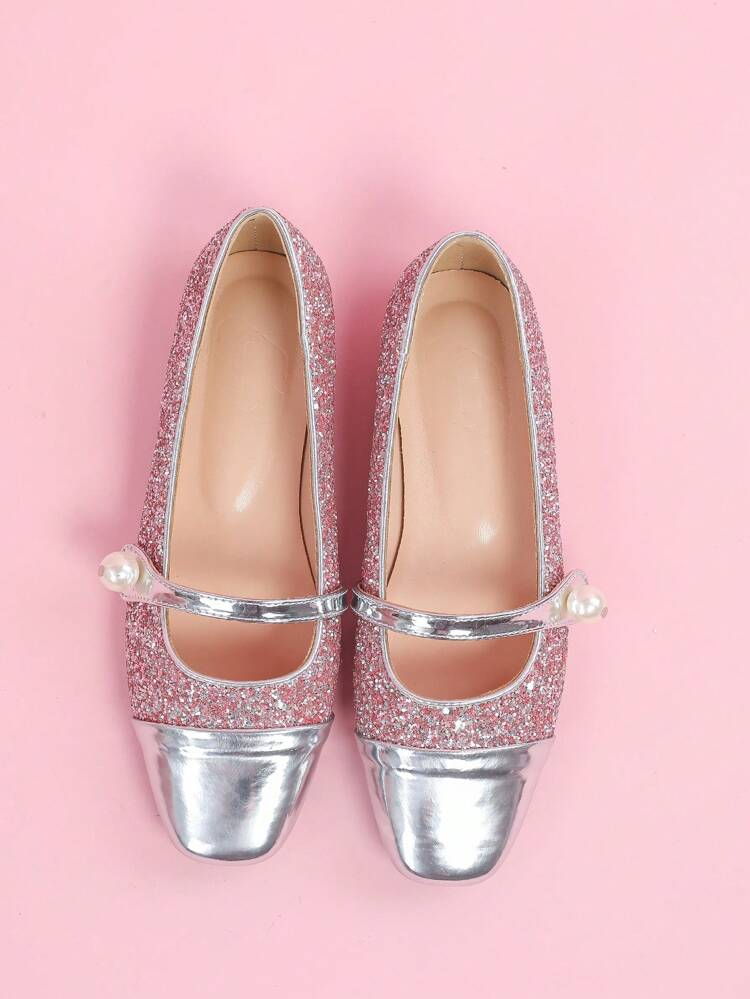 CUCCOO DOLLMOD Women's Faux Pearl Button Sparkling Colorblock Square Toe Flat Sweet Cute Shiny Unique Pink Glitter Patchwork Silver PU Leather Mary Jane Ballet Flats, Suitable For School, Dance, Party Valentine's Day