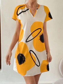 SHEIN Essnce Women's Vacation Floral Print V-Neck Short Sleeve Dress - Yellow - View 3