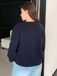 Dazy Petite Plus Solid Color Crew Neck Sweater Fitted Cardigan Jacket In Navy, Spring/Summer/Autumn