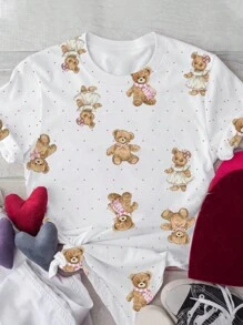 INAWLY 大码休闲宽松熊和波尔卡圆点印花短袖 T 恤