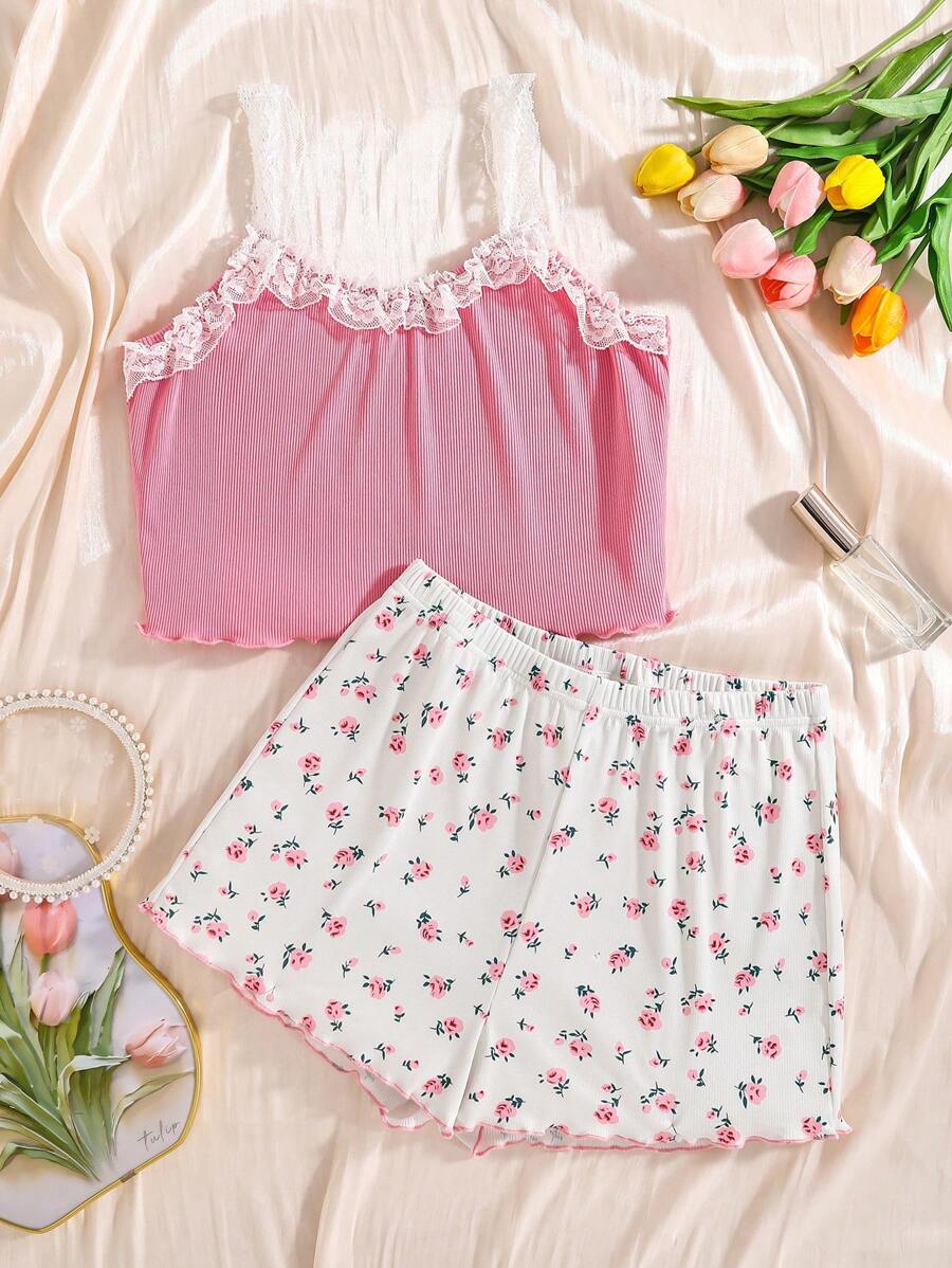 2 件套少女粉色碎花蕾丝花边吊带背心和短裤舒适家居服套装 - 粉色 - 查看 1