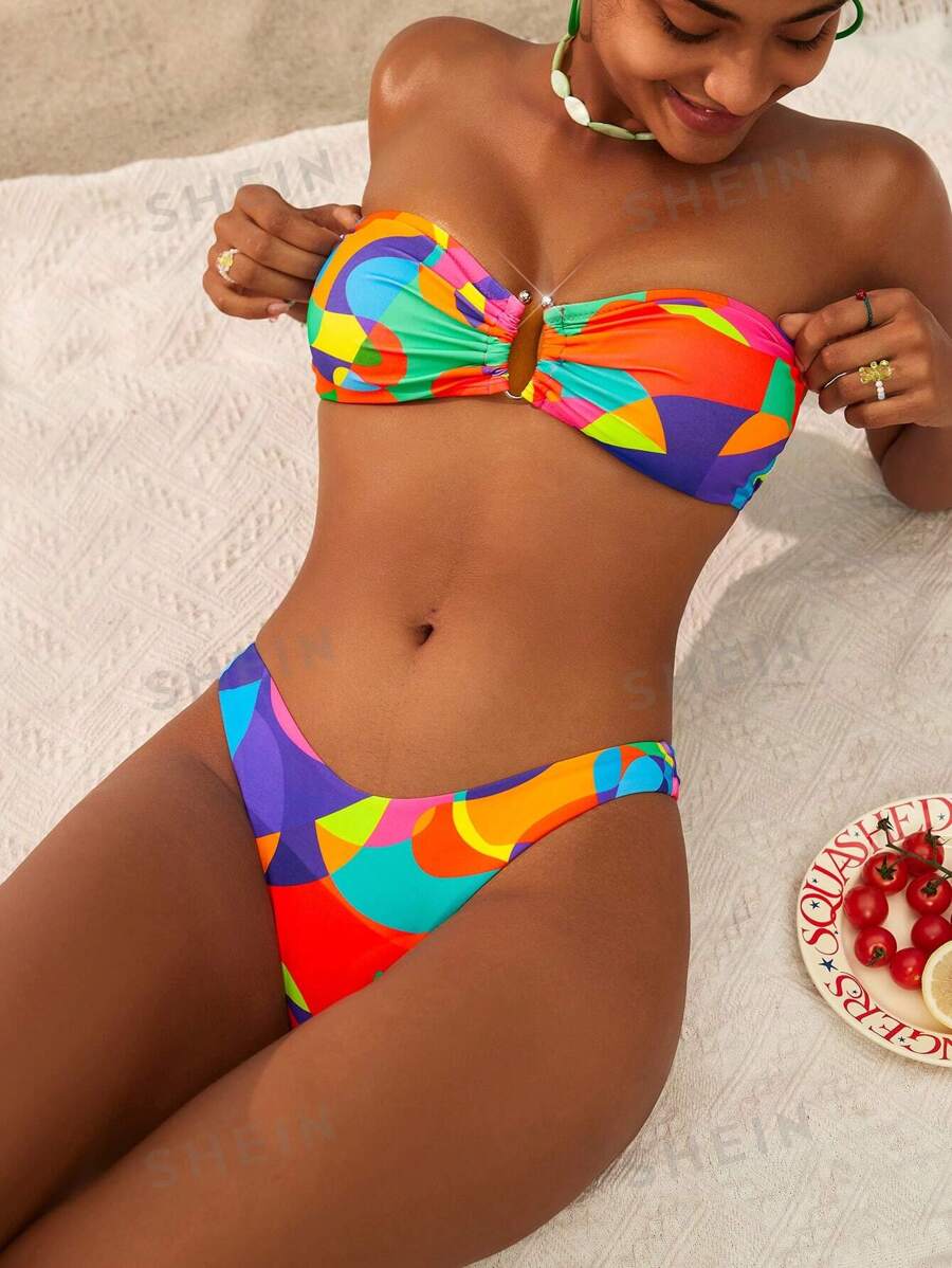 Swim Vcay Conjunto de bikini estampado colorido para mujer, para vacaciones de verano en la playa