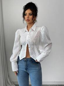 Elenzga Valentine's Day New Arrival Women's Jacquard Embroidery Floral Romantic Puff Sleeve Blouse, Elegant Versatile Slim Fit Hollow Pattern White Long Sleeve Shirt