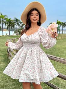 Flirla 大码女式方领碎花长袖蝴蝶结系腰优雅可爱复古风格喇叭 A 字迷你连衣裙，带网眼下摆 - 彩色 - 查看 5