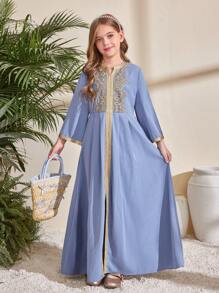 Tween Girl Casual Floral Trim Ribbons Long Dress - Blue - View 5