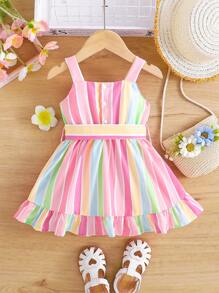 SHEIN Vintaside Kids 女婴彩色条纹荷叶边下摆纽扣前背心裙，可爱时尚，适合夏季