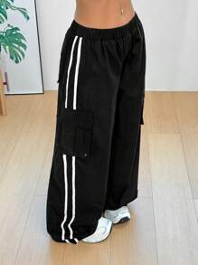 SHEIN EZwear 女式纯色拼布口袋松紧腰休闲工装裤 - 黑色 - 查看 6