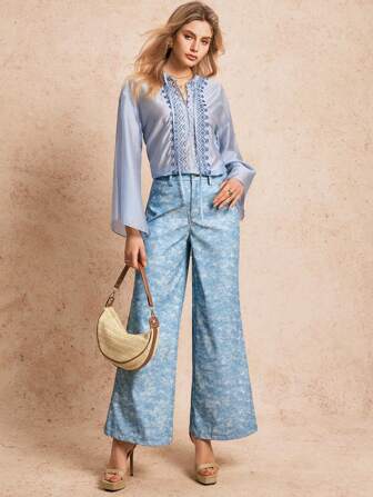 Poéselle Fashion Leather Faux Denim Wash Print Wide Leg Pants, Western Wear Women, Nashville Clothing, Concert Clothing, Spring Clothing