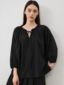 Dazy-Less Ensemble 2 pièces décontracté de couleur unie avec cordon de serrage pour femmes, ensembles de détente pour femmes - Noir - Voir 4