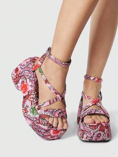 Fairycore Women's Floral Print Square Toe Wedge Heel Thick Sole Gothic Fashion Sandals