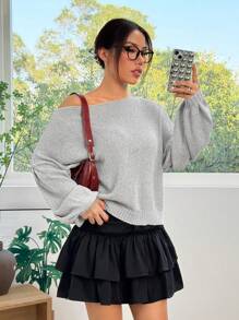 SHEIN EZwear Sweater Lengan Panjang Longgar Bahu Miring Wanita, Pakaian Kasual Sehari-hari - Grey - View 5