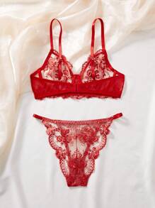 2 件套女士刺绣性感加垫胸罩 - 酒紅色 - 查看 2