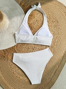 SHEIN Teen Girl White Textured Halter Crop Top & Ruched Triangle Tankini 2 Pieces Swimwear Set - White - View 3