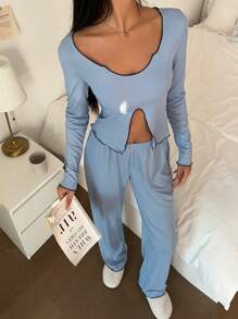 Conjunto de pijama informal de pantalón y blusa de manga larga con ribete de color contrastante para mujer