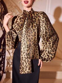 Vintamour Retro Elegant Women Leopard Print Gathered Mock Neck Long Lantern Sleeve Blouse, Work/Party Wear Winter Women Long Sleeve Shirt Vintage Thanksgiving Women Winter Christmas Women Christmas Thanksgiving Shirt Christmas Top Christmas Shirt Christmas Winter Tops Winter Women Tops Holiday - Khaki - View 1