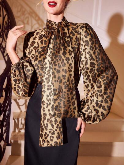 Vintamour Retro Elegant Women Leopard Print Gathered Mock Neck Long Lantern Sleeve Blouse, Work/Party Wear Winter Women Long Sleeve Shirt Vintage Thanksgiving Women Winter Christmas Women Christmas Thanksgiving Shirt Christmas Top Christmas Shirt Christmas Winter Tops Winter Women Tops Holiday