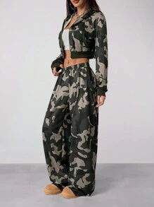 SHEIN EZwear 女士日常穿着嘻哈休闲迷彩连帽衫套装/两件套 - 彩色 - 查看 7