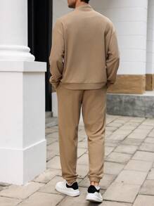 Manfinity Homme 男士前拉链长袖简约上衣和裤子，休闲两件套