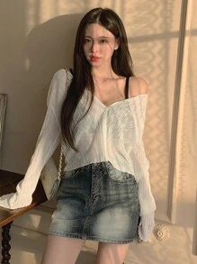 DAZY Women's Solid Color Front Button Long Sleeve Casual Sheer Blouse, Everyday Wear,Fall Women Clothes - White - View 7