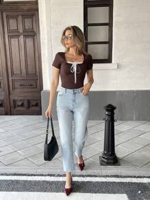 Pariaura Vrouwen schattig ronde hals contrast kant strik korte mouw T-shirt