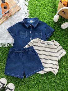 SHEIN Leap Crew 3 件套包括条纹 T 恤、淡蓝色衬衫、条纹短裤、男婴夏季休闲可爱服装 - 彩色 - 查看 9