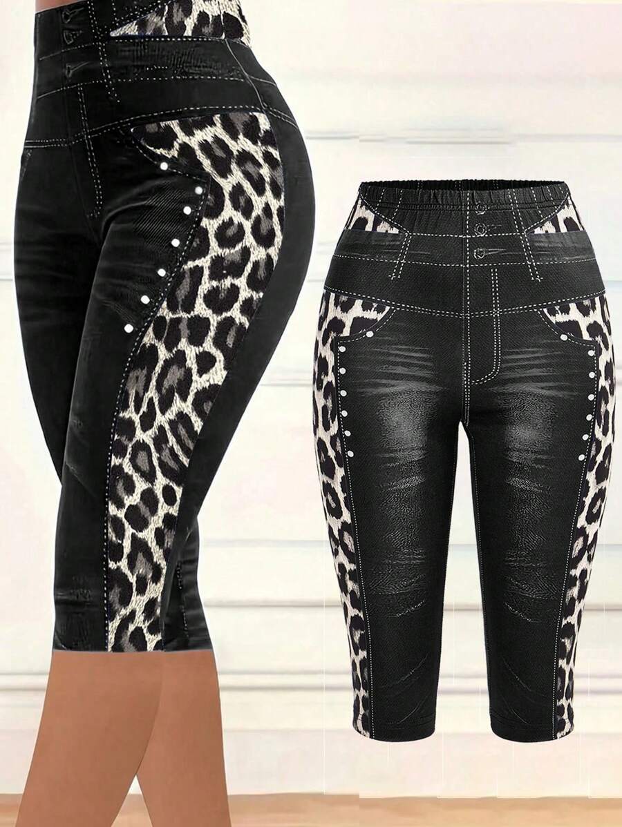 SHEIN Clasi 大码前扣豹纹拼布修身紧身裤