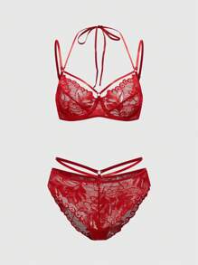 ROMWE Romantic Lace Underwire Lingerie Bra And Panty Set For Women - Red - View 1