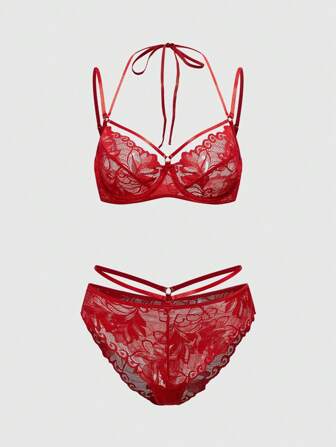 Romantisches Spitzen-Unterbügel-Dessous-Set aus BH und Slip für Frauen