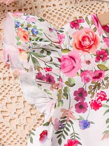 SHEIN 2 件套 Tween 女童碎花编织圆领上衣和合身编织裤套装