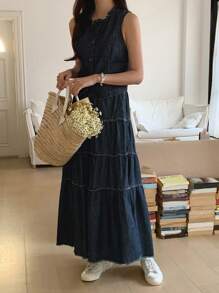 DAZY Women's Front Button Sleeveless Simple Vest And Wide-Leg Jeans Set - Dark Wash - View 4