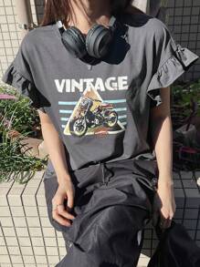 FRIFUL 女式宽松休闲图案印花盖袖T恤，喇叭袖，夏季服装，荷叶边 - 灰色 - 查看 1