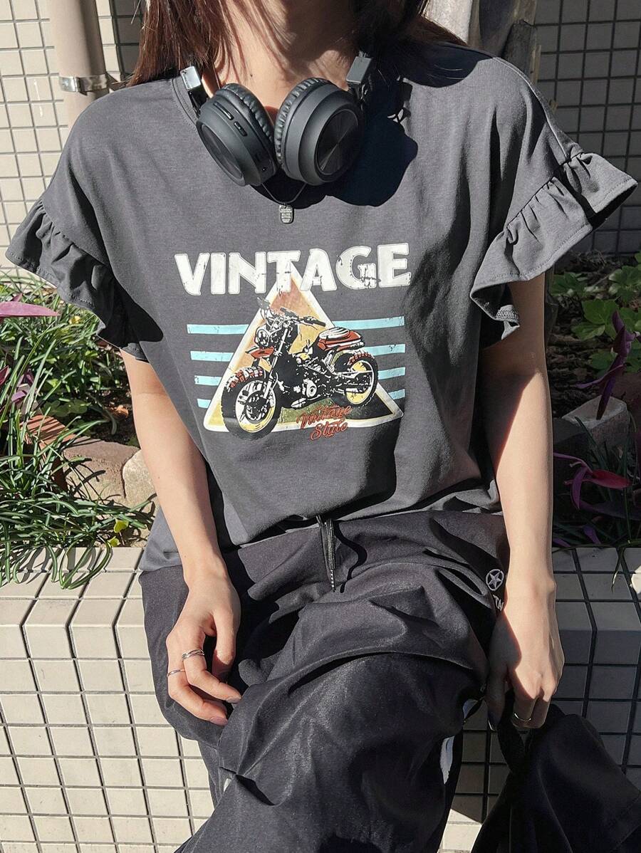 FRIFUL 女式宽松休闲图案印花盖袖T恤，喇叭袖，夏季服装，荷叶边 - 灰色 - 查看 1