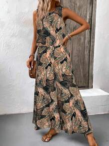 EMERY ROSE 波西米亚风格复古印花圆领短款上衣和阔腿裤两件套，适合夏季海滩度假，女士休闲装 - 彩色 - 查看 4