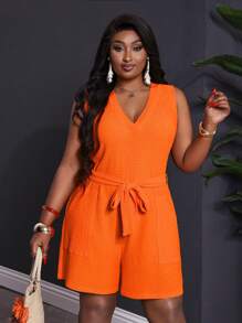 Slaydiva 2025 New Rave/Easter Outfit Women, Old Money Style Women, Country Concert Outfit, Going Out Outfits, Fairycore, Festival Outfits, Tropical Vacation Women Clothes, Summer Outfits For Women, Summer/Rave/European Summer, Spring Outfits, Western Wear Women Plus, Concert/Graduation Outfit, Versatile Daily Casual Simple Sleeveless Beach Elegant Textured Rompers With Pockets And Belt For Women - Orange - View 7