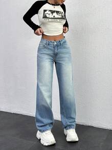 EURMUSE WOMEN LOW WAIST STRAIGHT JEANS - Light Wash - View 4