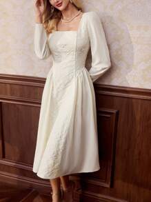 Vintamour Robe élégante rétro pour femme en jacquard ajusté à manches longues et coupe évasée, beige, vêtements de la Saint-Valentin, robes élégantes pour femmes, tenues professionnelles décontractées, robes pour invitées de mariage, vêtements d'église, robes modestes pour femmes - Beige - Voir 7