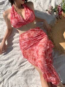 DAZY 女士印花性感挂脖比基尼套装，适合夏季海滩度假、节日派对、邮轮旅行等场合。 - 粉色 - 查看 6