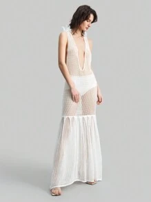 Ontre Damen weißes Boho Urlaubs-Kleid mit 3D Blumen Dekor, Cut Out und einfach, mit transparenter Cover-Up - Weiss - Übersicht 4