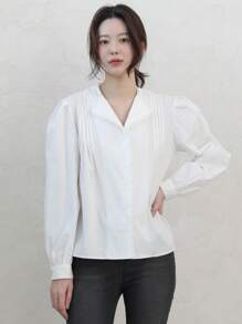 DAZY Koszula damska do biura z długim rękawem i luźnym plisowanym kołnierzykiem w serek - Biały - Zobacz 4