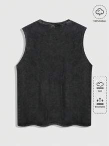 ROMWE MEN Street Life Camiseta de tirantes con estampado de flores y letras, desgastada y lavada a la nieve para hombre - Negro - Ver 2