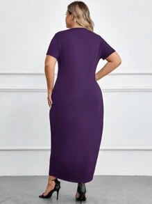 EMERY ROSE Plus Size Solid Color Round Neck Short Sleeve Pocket Casual Long Dress - Purple - View 2