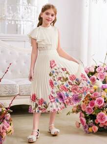 SHEIN Leap Crew 少女两件套：不对称荷叶边领无袖上衣和花卉印花百褶裙，法式优雅花卉，甜美公主风格，适合春季旅行，情人节少女，花童连衣裙 - 米色 - 查看 7