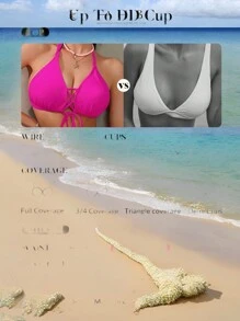 Swim DD+ High Waist Halter Sexy Bikini Set Summer - Hot Pink - View 3