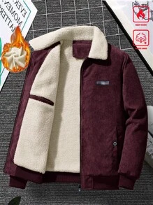 Manfinity Homme Men's Long Sleeve Loose Fit Corduroy Patch Detailed Thermal Lined Jacket, For Fall Winter, Grunge - Burgundy - View 3