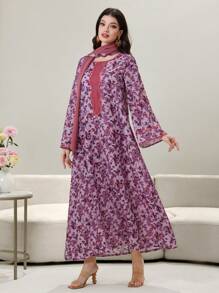 Al Najma Round Neck Floral Patchwork Solid Color Ruffled Hem Abaya Dress With Headscarf,Modest - Orange - View 4