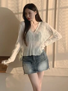 DAZY Women's Solid Color Front Button Long Sleeve Casual Sheer Blouse, Everyday Wear,Fall Women Clothes - White - View 2