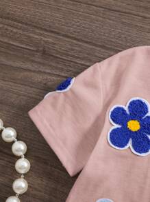 SHEIN Baby Girl Casual Floral Applique Short Sleeve Top
