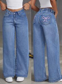 SHEIN Tall Jeans rectos relajados de talle bajo lavados con bordado de lazo para mujer - Azul lavado medio - Ver 2