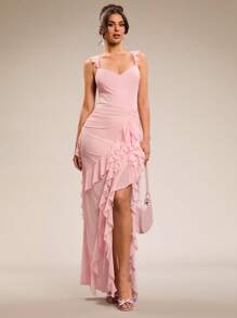 SHEIN BAE Vestido de novia de boda súper largo con espalda descubierta y hoja de loto de color rosa sólido sexy, vestido de dama de honor, vestido para citas, vestido de fiesta, vestido de temporada escolar, vestido de vacaciones, vestido de cumpleaños, vestido para salir de noche, ropa de verano para mujer, ropa de primavera, atuendo para el Día de San Valentín, carnaval, atuendo de vacaciones en la playa